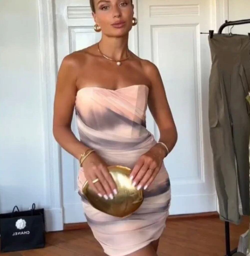 Zara Peach Cream Beige  Tie Dye Strapless Tulle Mini Dress Size XS